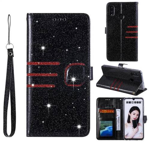 Retro Stitching Glitter Leather Wallet Phone Case for Huawei Honor 10 Lite - Black