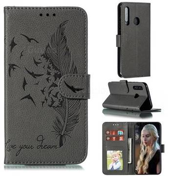 Intricate Embossing Lychee Feather Bird Leather Wallet Case for Huawei Honor 10 Lite - Gray