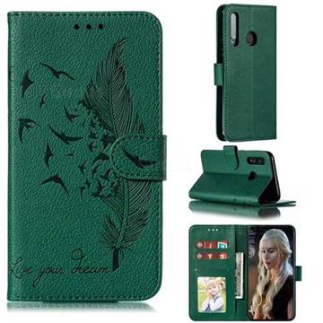 Intricate Embossing Lychee Feather Bird Leather Wallet Case for Huawei Honor 10 Lite - Green