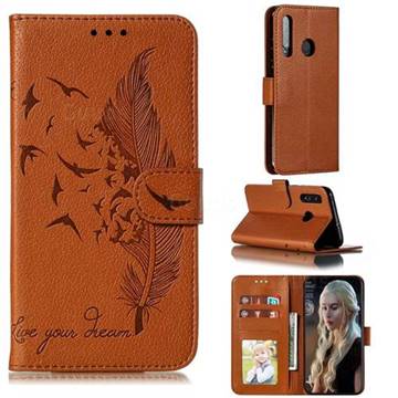 Intricate Embossing Lychee Feather Bird Leather Wallet Case for Huawei Honor 10 Lite - Brown