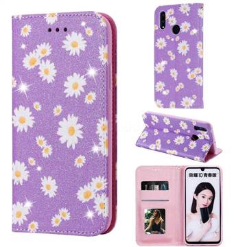 Ultra Slim Daisy Sparkle Glitter Powder Magnetic Leather Wallet Case for Huawei Honor 10 Lite - Purple