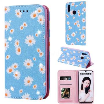 Ultra Slim Daisy Sparkle Glitter Powder Magnetic Leather Wallet Case for Huawei Honor 10 Lite - Blue
