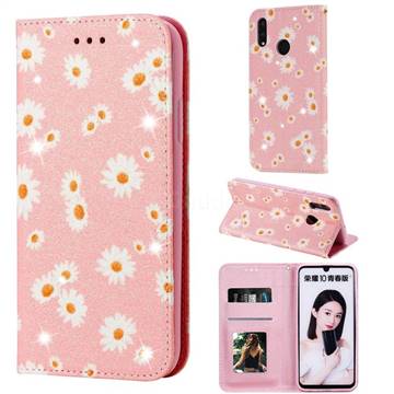 Ultra Slim Daisy Sparkle Glitter Powder Magnetic Leather Wallet Case for Huawei Honor 10 Lite - Pink