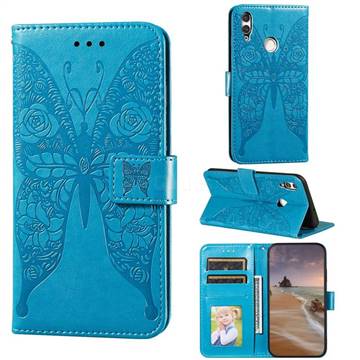 Intricate Embossing Rose Flower Butterfly Leather Wallet Case for Huawei Honor 10 Lite - Blue