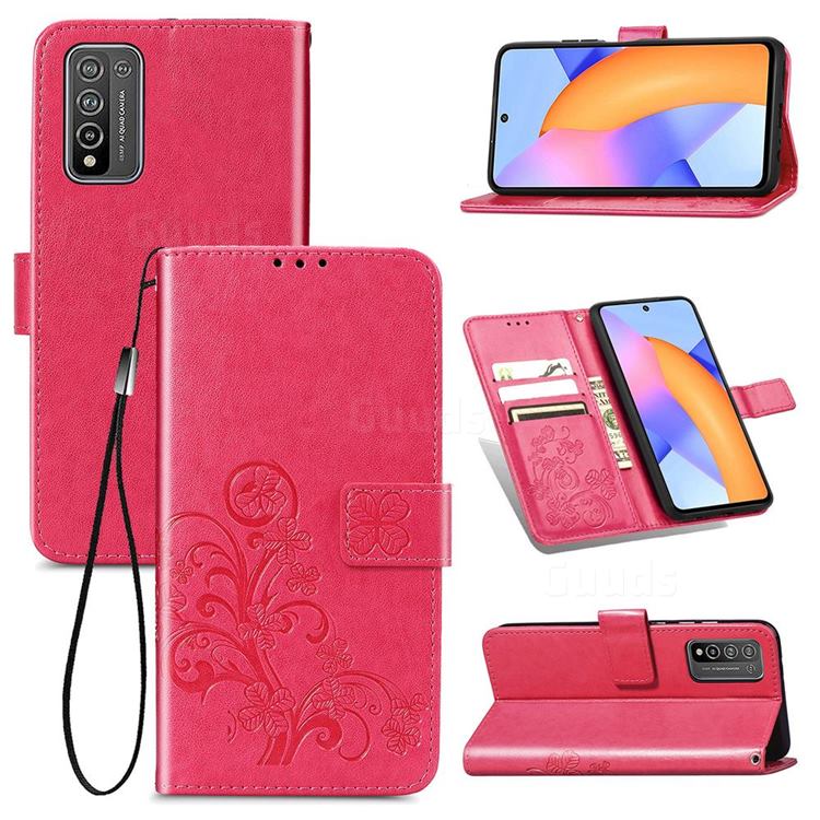 Embossing Imprint Four-Leaf Clover Leather Wallet Case for Huawei Honor 10X Lite - Rose Red