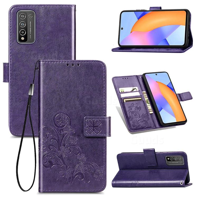 Embossing Imprint Four-Leaf Clover Leather Wallet Case for Huawei Honor 10X Lite - Purple