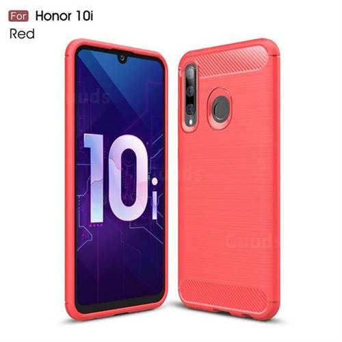Luxury Carbon Fiber Brushed Wire Drawing Silicone TPU Back Cover for Huawei Honor 10i - Red