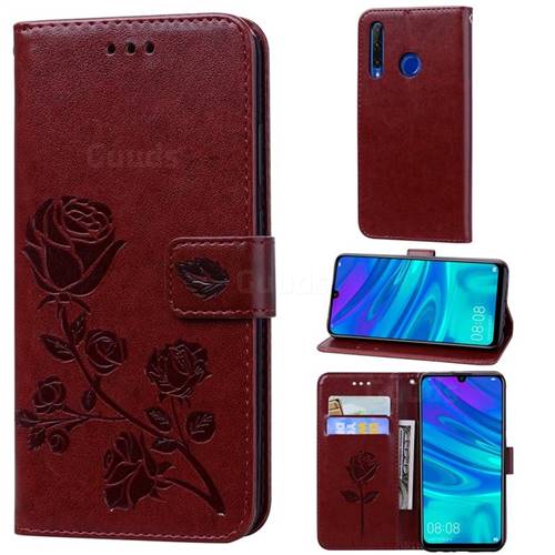 Embossing Rose Flower Leather Wallet Case for Huawei Honor 10i - Brown