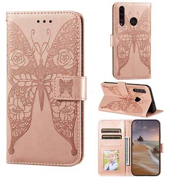 Intricate Embossing Rose Flower Butterfly Leather Wallet Case for Huawei Honor 10i - Rose Gold