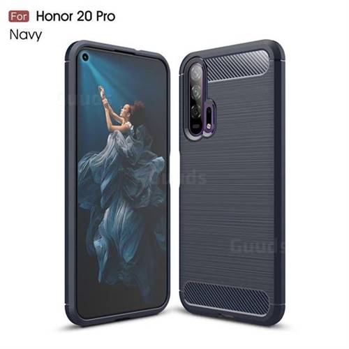 Luxury Carbon Fiber Brushed Wire Drawing Silicone TPU Back Cover for Huawei Honor 20 - Navy