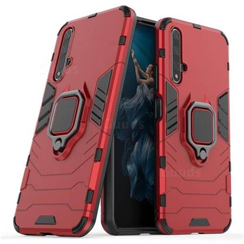 Black Panther Armor Metal Ring Grip Shockproof Dual Layer Rugged Hard Cover for Huawei Honor 20 - Red