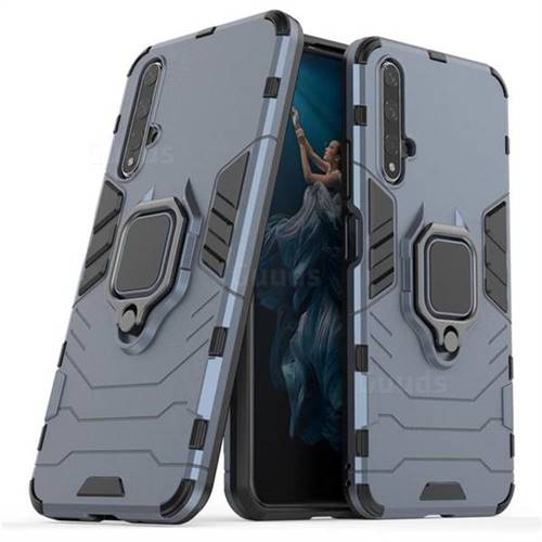 Black Panther Armor Metal Ring Grip Shockproof Dual Layer Rugged Hard Cover for Huawei Honor 20 - Blue