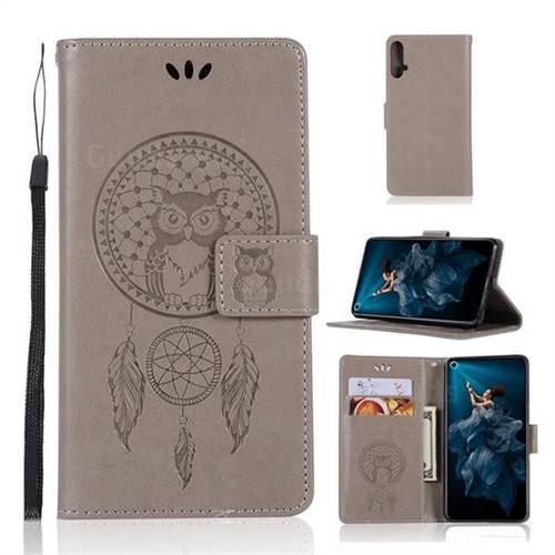 Intricate Embossing Owl Campanula Leather Wallet Case for Huawei Honor 20 - Grey