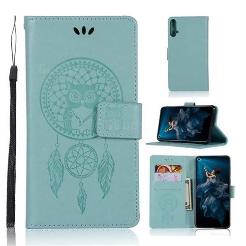 Intricate Embossing Owl Campanula Leather Wallet Case for Huawei Honor 20 - Green
