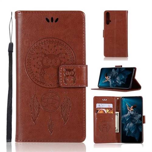 Intricate Embossing Owl Campanula Leather Wallet Case for Huawei Honor 20 - Brown