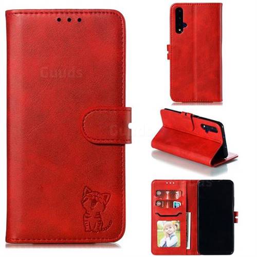 Embossing Happy Cat Leather Wallet Case for Huawei Honor 20 - Red