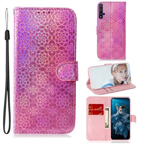 Laser Circle Shining Leather Wallet Phone Case for Huawei Honor 20 - Pink