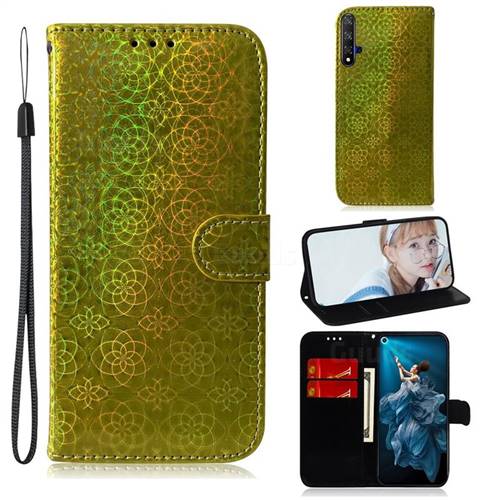 Laser Circle Shining Leather Wallet Phone Case for Huawei Honor 20 - Golden