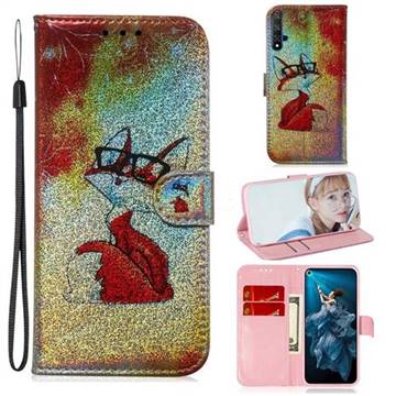 Glasses Fox Laser Shining Leather Wallet Phone Case for Huawei Honor 20
