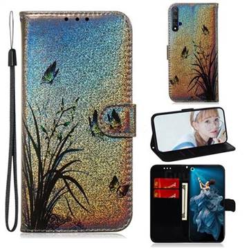 Butterfly Orchid Laser Shining Leather Wallet Phone Case for Huawei Honor 20