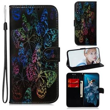 Black Butterfly Laser Shining Leather Wallet Phone Case for Huawei Honor 20