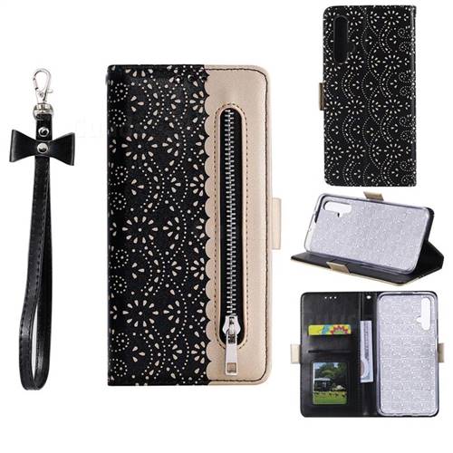 Luxury Lace Zipper Stitching Leather Phone Wallet Case for Huawei Honor 20 - Black