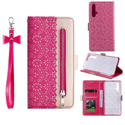 Luxury Lace Zipper Stitching Leather Phone Wallet Case for Huawei Honor 20 - Rose