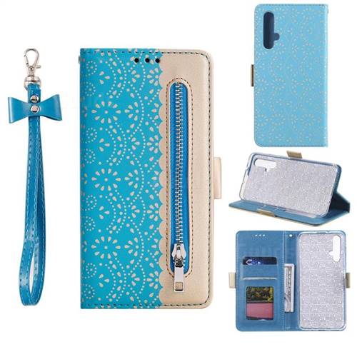 Luxury Lace Zipper Stitching Leather Phone Wallet Case for Huawei Honor 20 - Blue