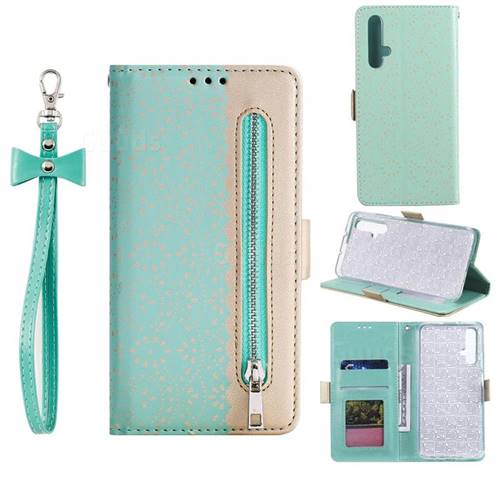 Luxury Lace Zipper Stitching Leather Phone Wallet Case for Huawei Honor 20 - Green
