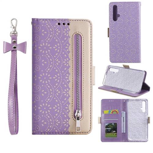 Luxury Lace Zipper Stitching Leather Phone Wallet Case for Huawei Honor 20 - Purple