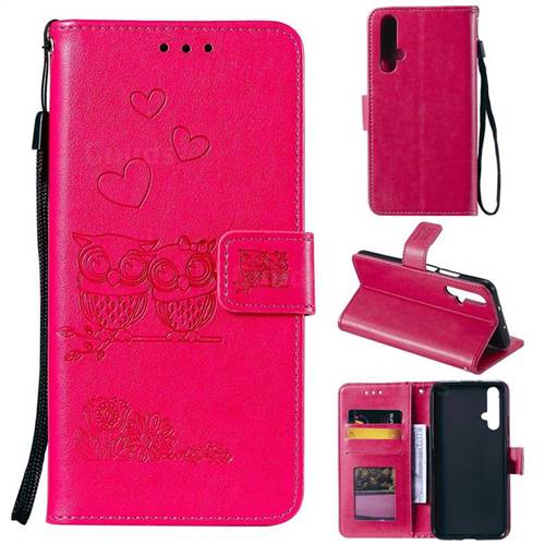 Embossing Owl Couple Flower Leather Wallet Case for Huawei Honor 20 - Red