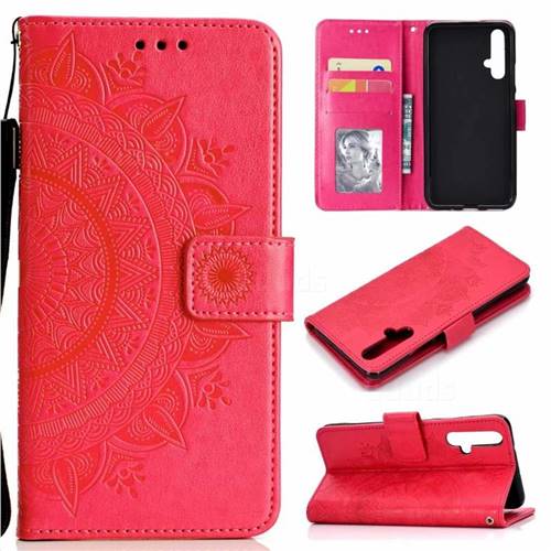 Intricate Embossing Datura Leather Wallet Case for Huawei Honor 20 - Rose Red