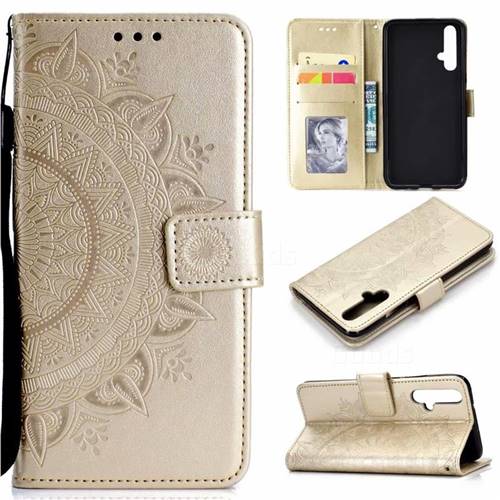 Intricate Embossing Datura Leather Wallet Case for Huawei Honor 20 - Golden