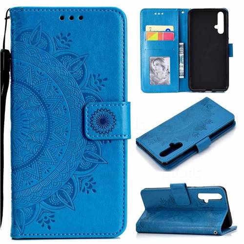 Intricate Embossing Datura Leather Wallet Case for Huawei Honor 20 - Blue