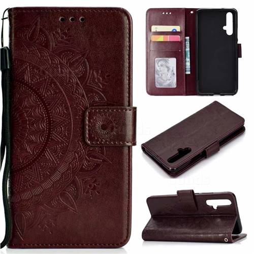 Intricate Embossing Datura Leather Wallet Case for Huawei Honor 20 - Brown