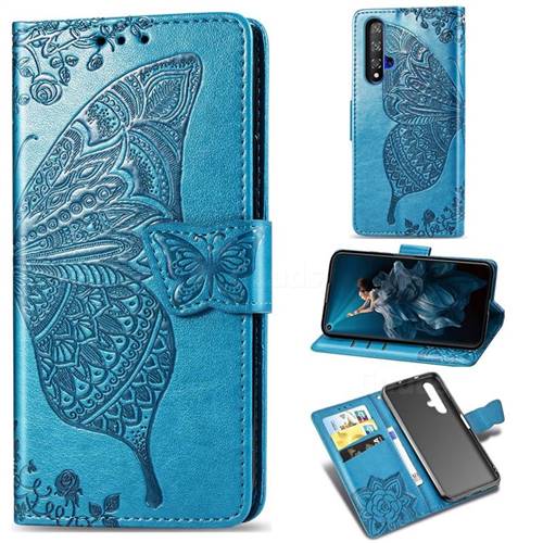 Embossing Mandala Flower Butterfly Leather Wallet Case for Huawei Honor 20 - Blue