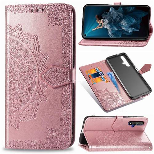 Embossing Imprint Mandala Flower Leather Wallet Case for Huawei Honor 20 - Rose Gold
