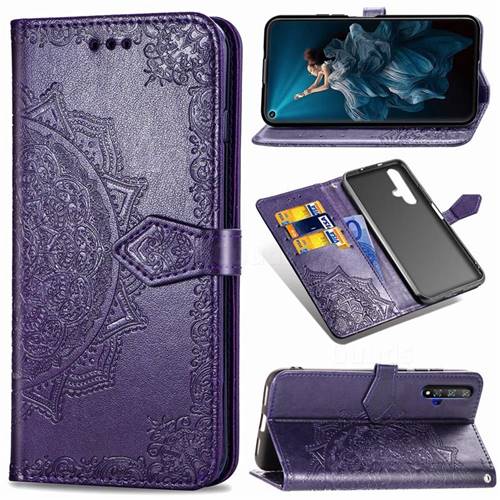 Embossing Imprint Mandala Flower Leather Wallet Case for Huawei Honor 20 - Purple