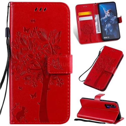 Embossing Butterfly Tree Leather Wallet Case for Huawei Honor 20 - Red