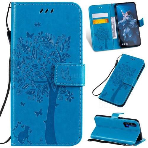 Embossing Butterfly Tree Leather Wallet Case for Huawei Honor 20 - Blue