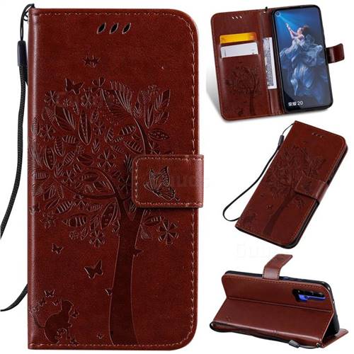 Embossing Butterfly Tree Leather Wallet Case for Huawei Honor 20 - Coffee