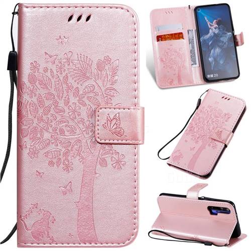 Embossing Butterfly Tree Leather Wallet Case for Huawei Honor 20 - Rose Pink