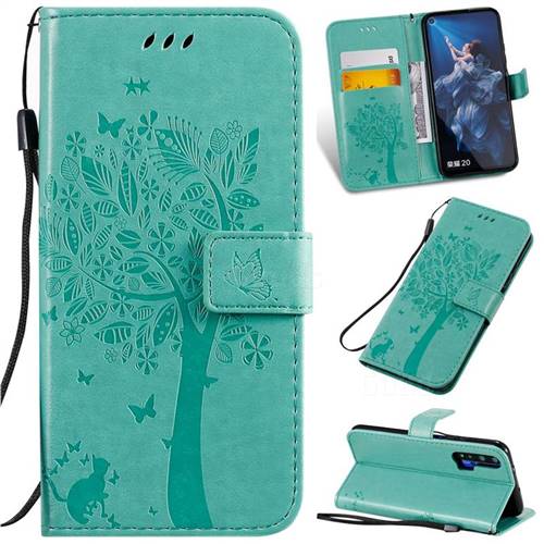Embossing Butterfly Tree Leather Wallet Case for Huawei Honor 20 - Cyan