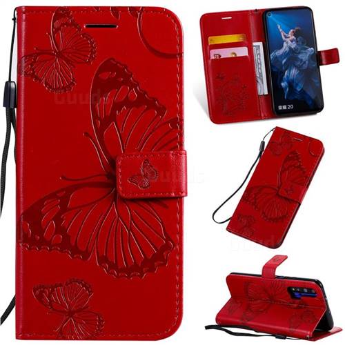 Embossing 3D Butterfly Leather Wallet Case for Huawei Honor 20 - Red