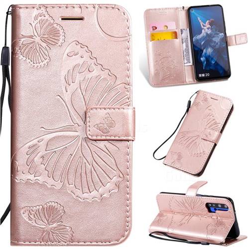 Embossing 3D Butterfly Leather Wallet Case for Huawei Honor 20 - Rose Gold