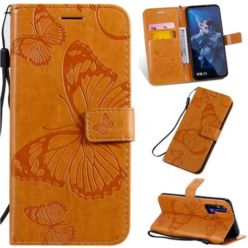 Embossing 3D Butterfly Leather Wallet Case for Huawei Honor 20 - Yellow