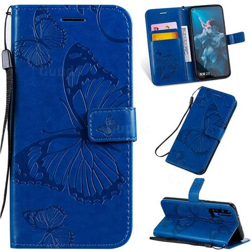 Embossing 3D Butterfly Leather Wallet Case for Huawei Honor 20 - Blue