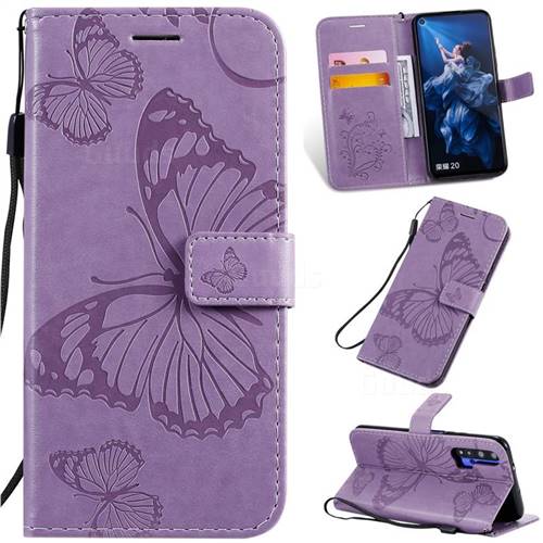 Embossing 3D Butterfly Leather Wallet Case for Huawei Honor 20 - Purple