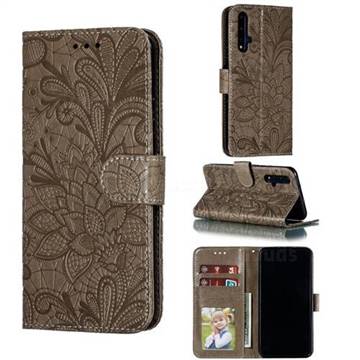 Intricate Embossing Lace Jasmine Flower Leather Wallet Case for Huawei Honor 20 - Gray