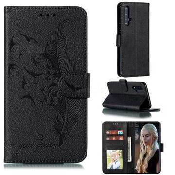 Intricate Embossing Lychee Feather Bird Leather Wallet Case for Huawei Honor 20 - Black